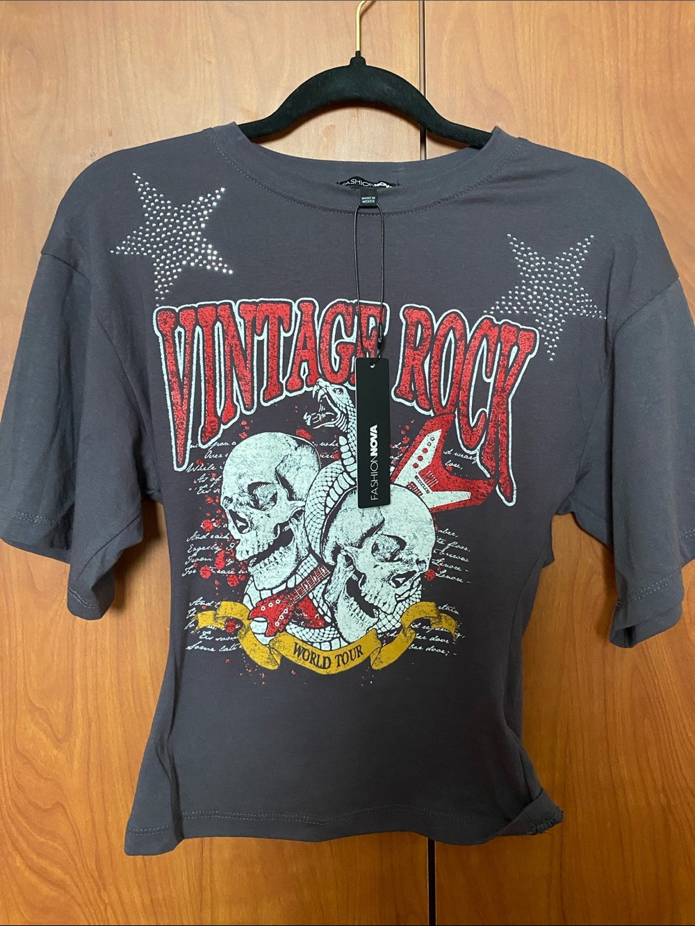 Fashion Nova Black Vintage Rock Graphic Tee with Red, White & Yellow Accents